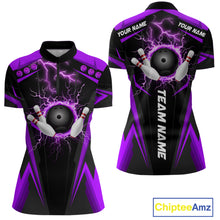 Load image into Gallery viewer, Black Women bowling Polo, 1/4 Zip shirt Custom lightning thunder team league bowling jersey | Purple NQS10375