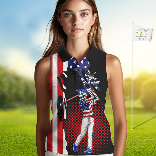 Personalized US flag golf shirts funny skull womens golf shirts sleeveless custom ladies golf apparel NQS11384
