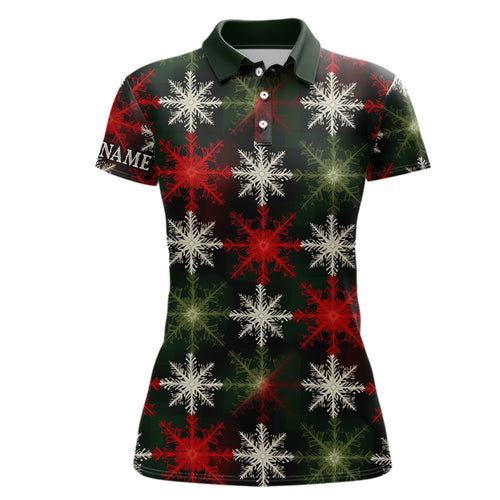 Womens golf polo shirt custom red green Christmas snowflake pattern, womens christmas golf shirts NQS6783