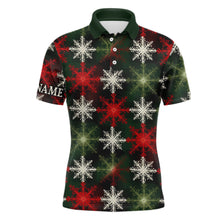 Load image into Gallery viewer, Mens golf polo shirt custom red green Christmas snowflake pattern, mens christmas golf shirts NQS6783