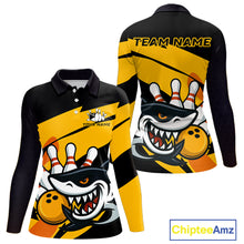 Load image into Gallery viewer, Black and yellow shark Women Bowling polo, quarter zip shirt custom Shark Bowling team league shirt NQS10393