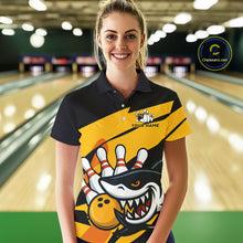 Load image into Gallery viewer, Black and yellow shark Women Bowling polo, quarter zip shirt custom Shark Bowling team league shirt NQS10393