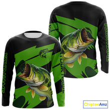 Load image into Gallery viewer, Black and Green Largemouth Bass fishing UV Protection shirts custom name Bass fishing jerseys NQS10394