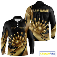 Load image into Gallery viewer, Black and Gold Mens Bowling Polo, Quarter Zip Shirts Custom Team Bowling League Jersey NQS10079