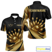 Load image into Gallery viewer, Black and Gold Mens Bowling Polo, Quarter Zip Shirts Custom Team Bowling League Jersey NQS10079