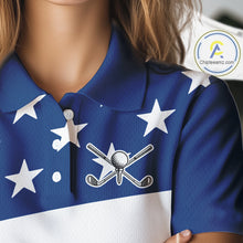 Load image into Gallery viewer, American Flag golf polo shirts for Women Custom Red, White and Blue Patriotic ladies golf attire NQS10230