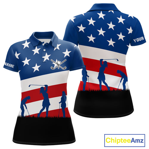 American Flag golf polo shirts for Women Custom Red, White and Blue Patriotic ladies golf attire NQS10230