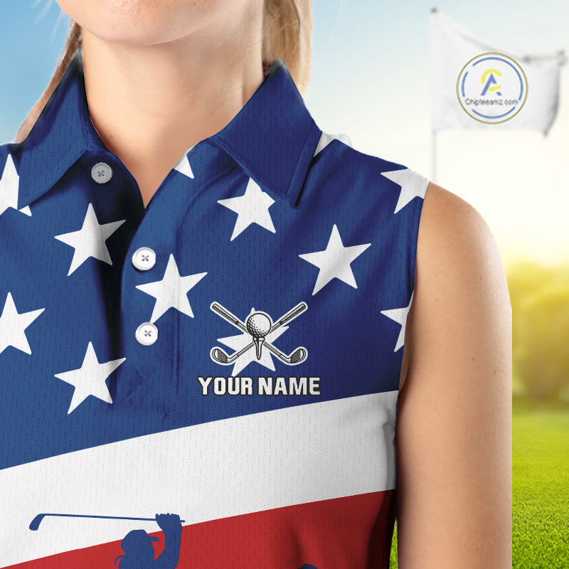 American Flag sleeveless golf polo shirt Custom Red, White and Blue Patriotic ladies golf attire NQS10230