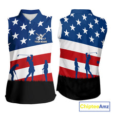 Load image into Gallery viewer, American Flag sleeveless golf polo shirt Custom Red, White and Blue Patriotic ladies golf attire NQS10230