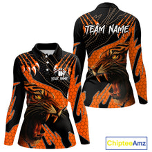 Load image into Gallery viewer, Personalized Tiger Bowling Team Women Polo, Quarter Zip Shirt, Black And Orange Tiger Bowling Jerseys NQS10398