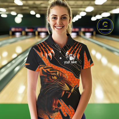 Personalized Tiger Bowling Team Women Polo, Quarter Zip Shirt, Black And Orange Tiger Bowling Jerseys NQS10398