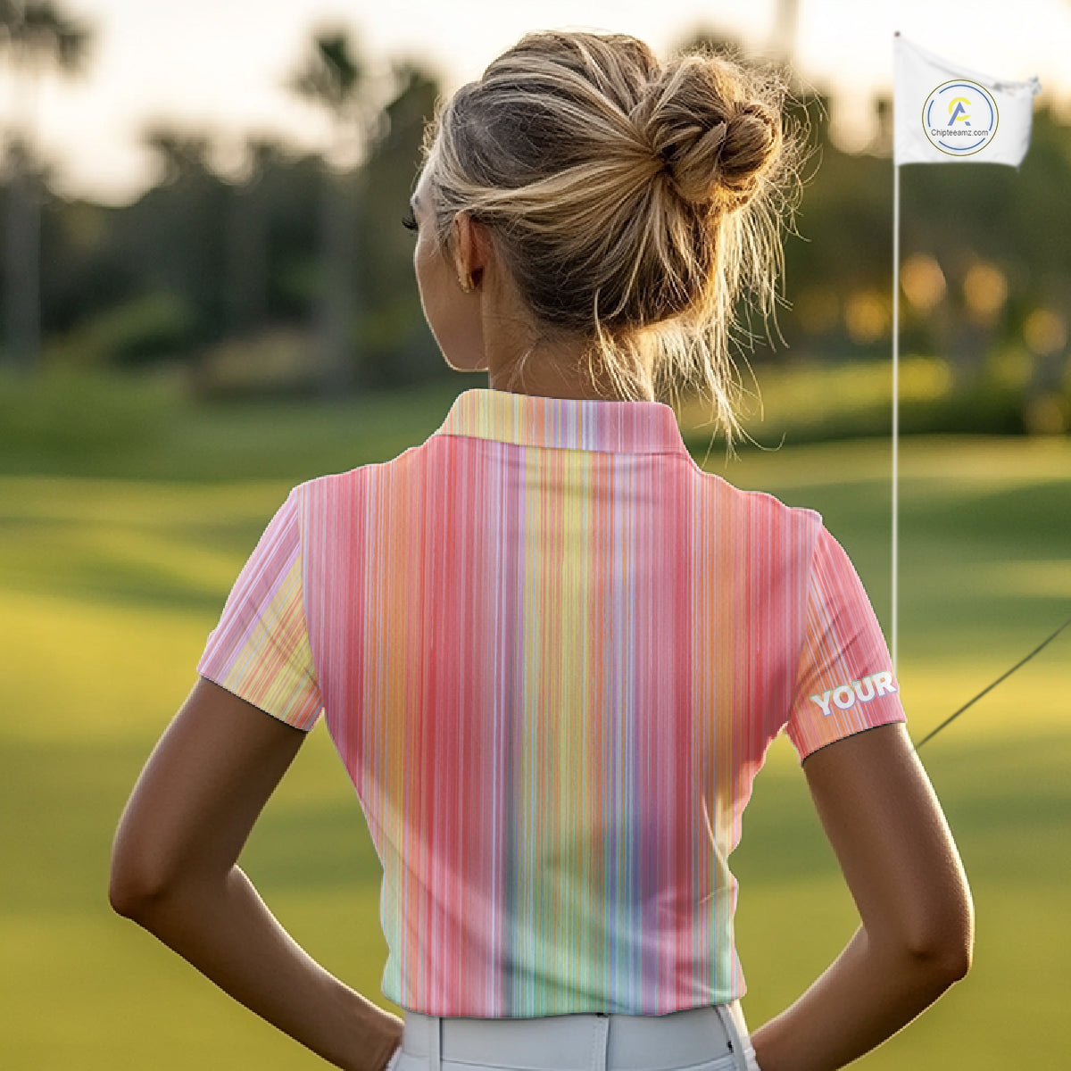 Colorful rainbow stripe pattern Women golf polo shirt custom best golf apparel for ladies NQS10406