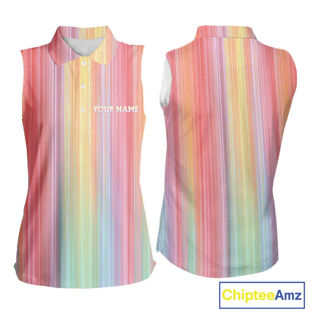 Colorful rainbow stripe pattern Women Sleeveless polo shirt custom best golf apparel for ladies NQS10406