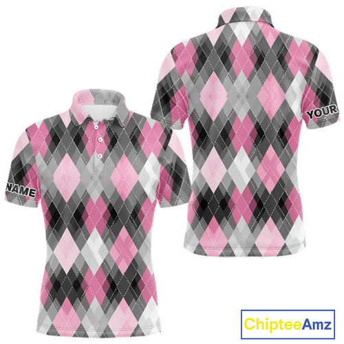 Pink argyle pattern Mens golf polo shirt custom best team golf shirts, golfing gifts NQS10407