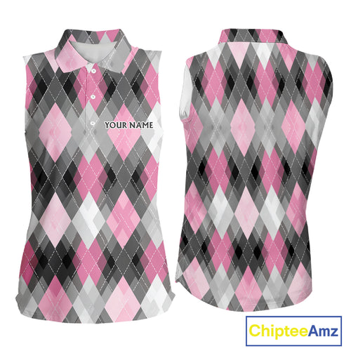 Pink argyle pattern Women Sleeveless polo shirt custom best team golf shirts, golfing gifts NQS10407
