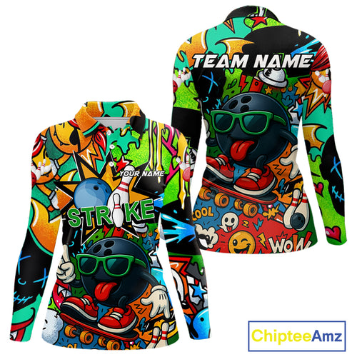 Custom Funny colorful pattern Bowling Team Polo, Quarter Zip Shirt For Women, Ladies Bowling Jersey NQS10094