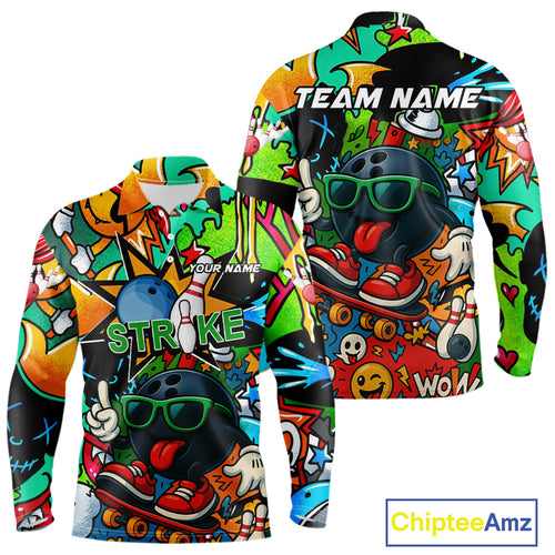Custom Funny colorful pattern Bowling Team Polo, Quarter Zip Shirt For Men, Mens Bowling Jersey NQS10094