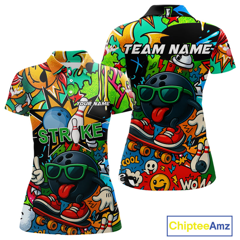 Custom Funny colorful pattern Bowling Team Polo, Quarter Zip Shirt For Women, Ladies Bowling Jersey NQS10094