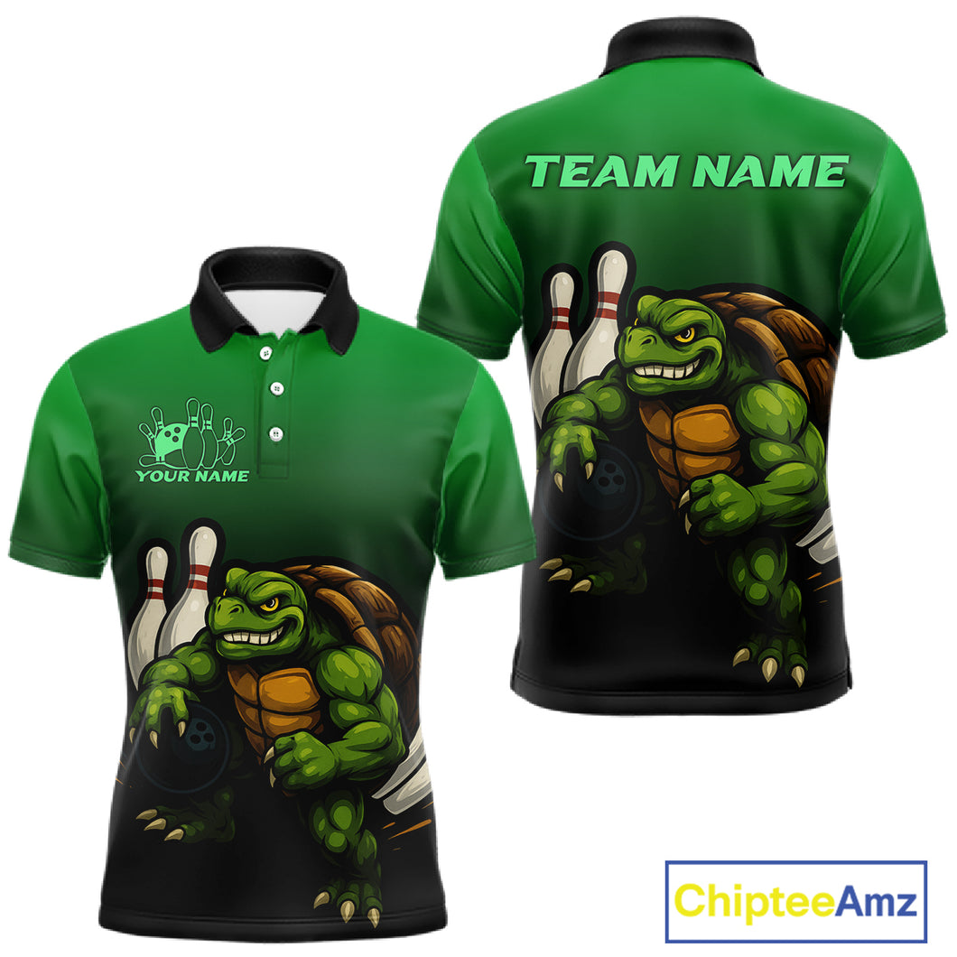 Custom Green Turtle Bowling Polo, Quarter Zip shirts For Men, Bowling tournament Team Jerseys NQS10624