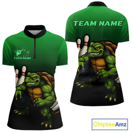 Custom Green Turtle Bowling Polo, Quarter Zip shirts For Women, Bowling tournament Team Jerseys NQS10624