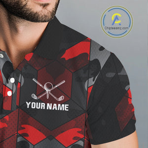 Black and Red Camo Flame Golf Ball Custom Men golf polo shirt, personalized golf top for men NQS10100