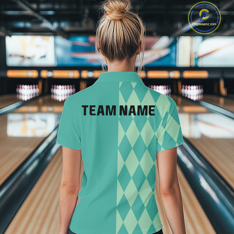 Turquoise argyle pattern Bowling Polo, Quarter Zip Shirt For Women Custom Team Bowling Jerseys NQS10107