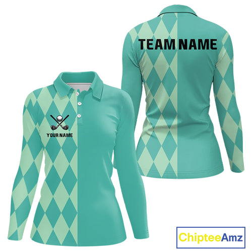 Turquoise argyle pattern Women golf polo shirt Custom golf clothes for ladies, cool golf gifts NQS10108