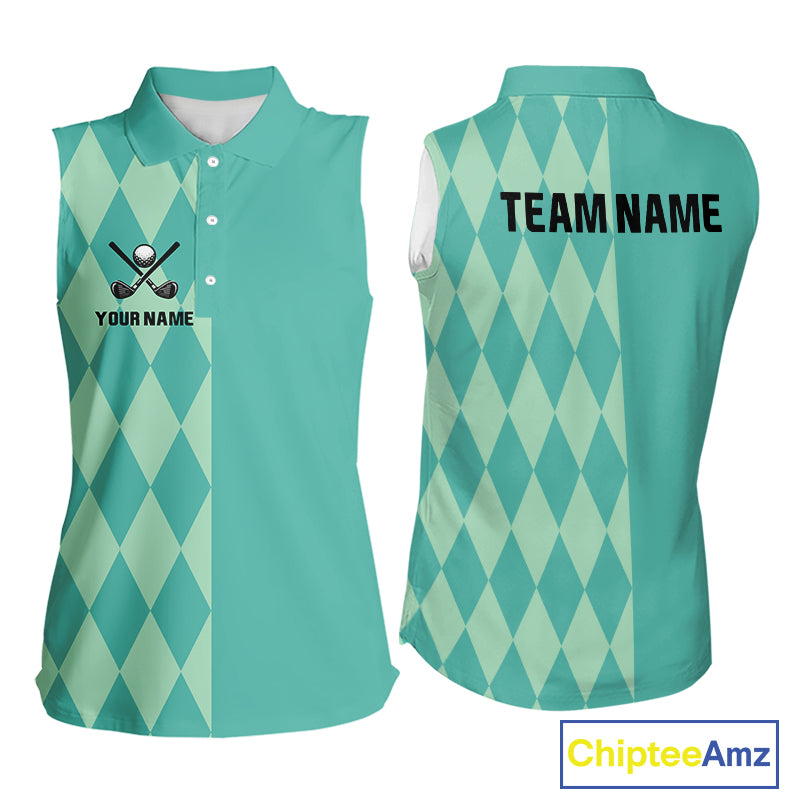 Turquoise argyle pattern Women Sleeveless golf polo shirt Custom golf clothes for ladies NQS10108