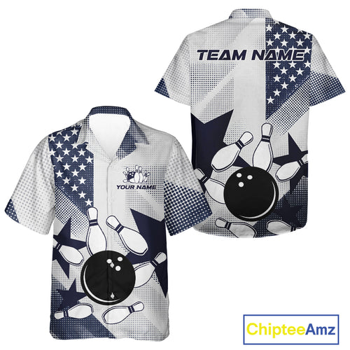 White and Blue American Flag Bowling hawaiian shirt Custom patriotic retro Bowling Team Jersey NQS10248