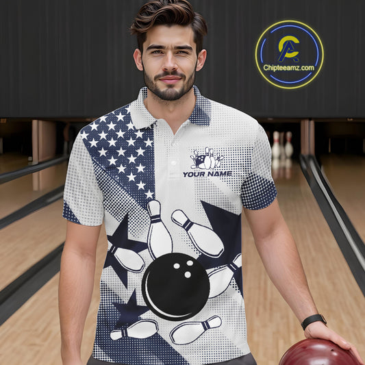 White and Blue American Flag Bowling shirts for Men Custom patriotic retro Bowling Team Jersey NQS10248