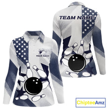 Load image into Gallery viewer, White and Blue American Flag Bowling shirts for Women Custom patriotic retro Bowling Team Jersey NQS10248