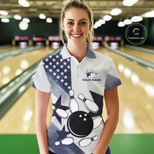 Load image into Gallery viewer, White and Blue American Flag Bowling shirts for Women Custom patriotic retro Bowling Team Jersey NQS10248