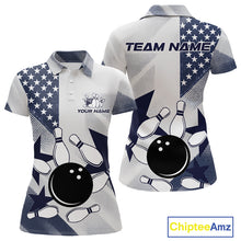 Load image into Gallery viewer, White and Blue American Flag Bowling shirts for Women Custom patriotic retro Bowling Team Jersey NQS10248
