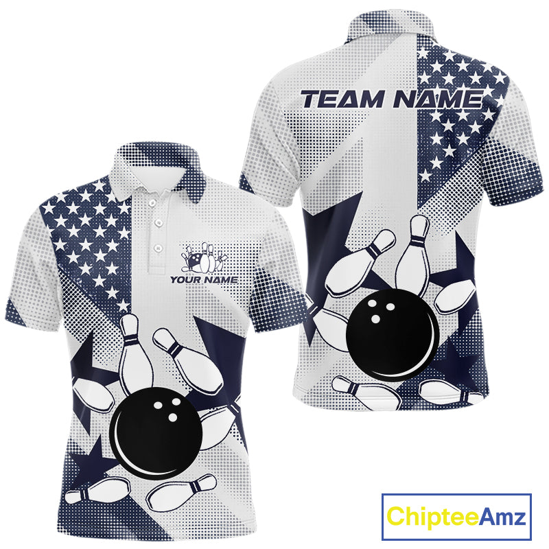 White and Blue American Flag Bowling shirts for Men Custom patriotic retro Bowling Team Jersey NQS10248