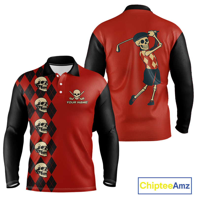Red and Black argyle pattern Skull Golf Polo Shirts for men Custom mens golf outfit, funny golf gifts NQS10250