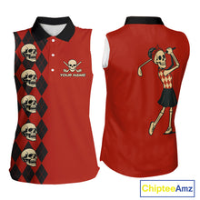 Load image into Gallery viewer, Red and Black argyle pattern Skull Women Sleeveless Polo Shirt Custom funny ladies golf outfit NQS10250