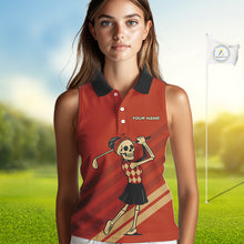 Load image into Gallery viewer, Funny argyle pattern Skull Women Sleeveless Polo Shirt Custom ladies golf attire, cool golf gift| Red NQS10251