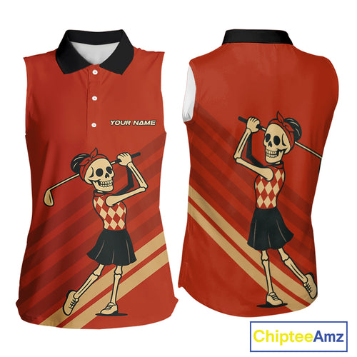 Funny argyle pattern Skull Women Sleeveless Polo Shirt Custom ladies golf attire, cool golf gift| Red NQS10251