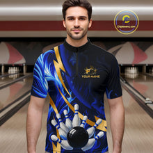 Load image into Gallery viewer, Personalized Bowling Polo, Quarter Zip Shirts for Men Custom Blue Flame and Gold Bowling Team Jersey NQS10446