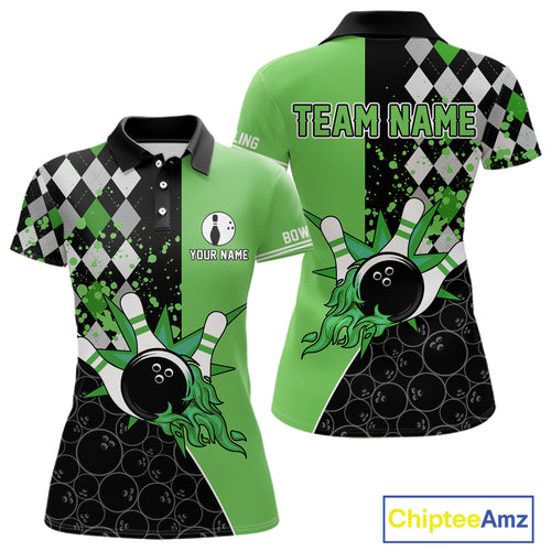 Custom Black and Green argyle pattern flame Bowling Team Jersey Bowling Polo, 1/4 Zip Shirt for Women NQS10450