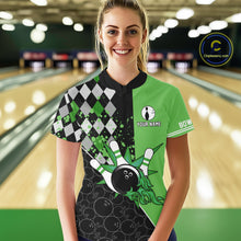 Load image into Gallery viewer, Custom Black and Green argyle pattern flame Bowling Team Jersey Bowling Polo, 1/4 Zip Shirt for Women NQS10450