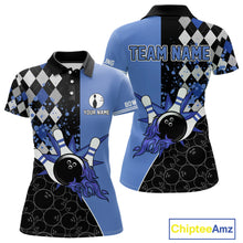 Load image into Gallery viewer, Custom Black and Blue argyle pattern flame Bowling Team Jersey Bowling Polo, 1/4 Zip Shirt for Women NQS10451