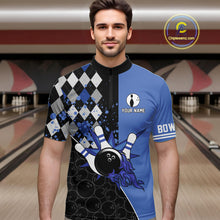 Load image into Gallery viewer, Custom Black and Blue argyle pattern flame Bowling Team Jerseys, Bowling Polo, 1/4 Zip Shirt for Men NQS10451