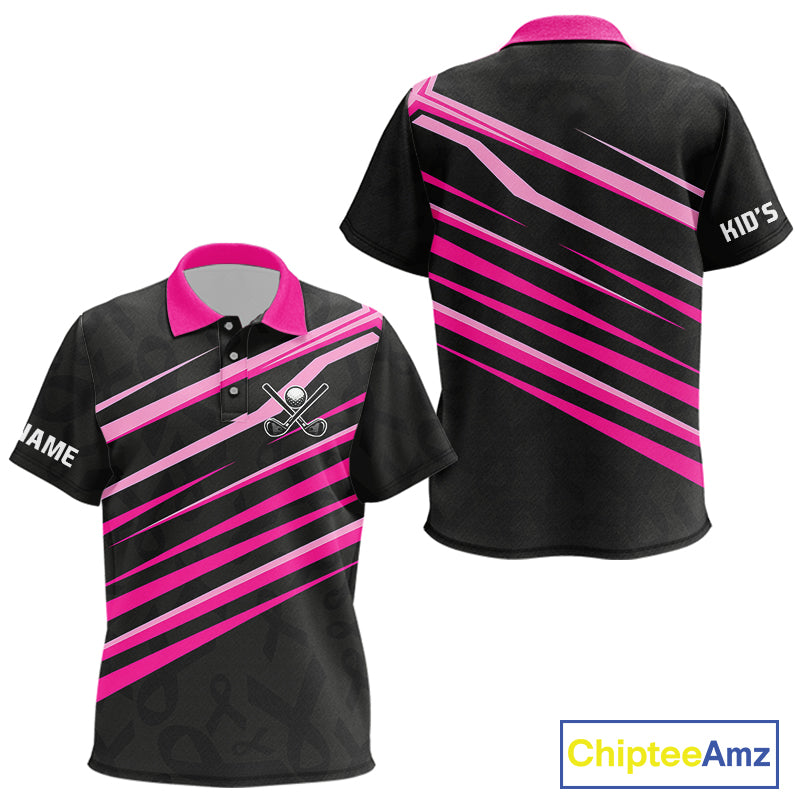 Pink and Black ribbon pattern Kid golf polo shirt Custom breast cancer golf attire for kid NQS10115