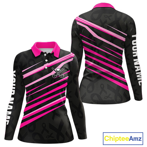 Pink and Black ribbon pattern Women golf polo shirts Custom breast cancer golf attire for ladies NQS10115