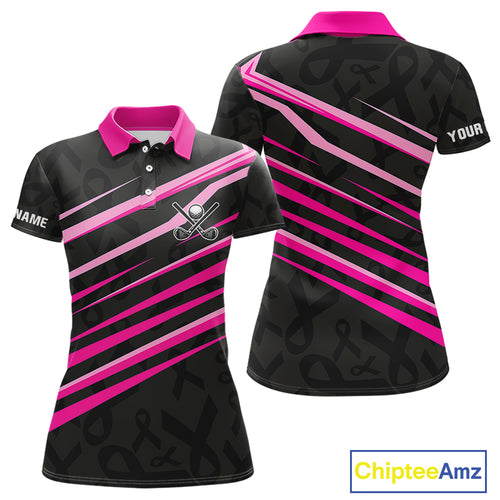 Pink and Black ribbon pattern Women golf polo shirts Custom breast cancer golf attire for ladies NQS10115