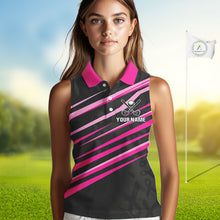 Load image into Gallery viewer, Pink and Black ribbon pattern Women Sleeveless polo shirt Custom breast cancer golf attire for ladies NQS10115