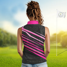 Load image into Gallery viewer, Pink and Black ribbon pattern Women Sleeveless polo shirt Custom breast cancer golf attire for ladies NQS10115