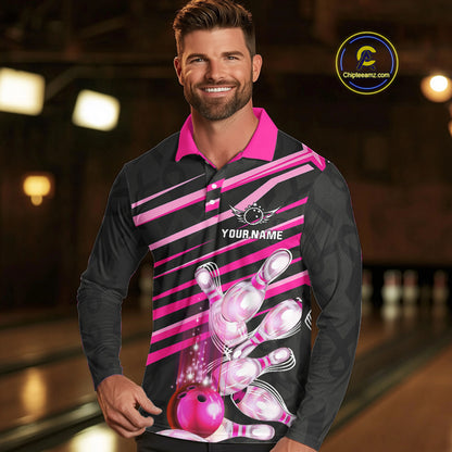 Pink and Black ribbon pattern Men Bowling Shirts Custom breast cancer awareness Team Bowling Jersey NQS10116