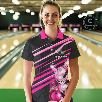 Pink and Black ribbon pattern Women Bowling Shirts Custom breast cancer awareness Team Bowling Jersey NQS10116